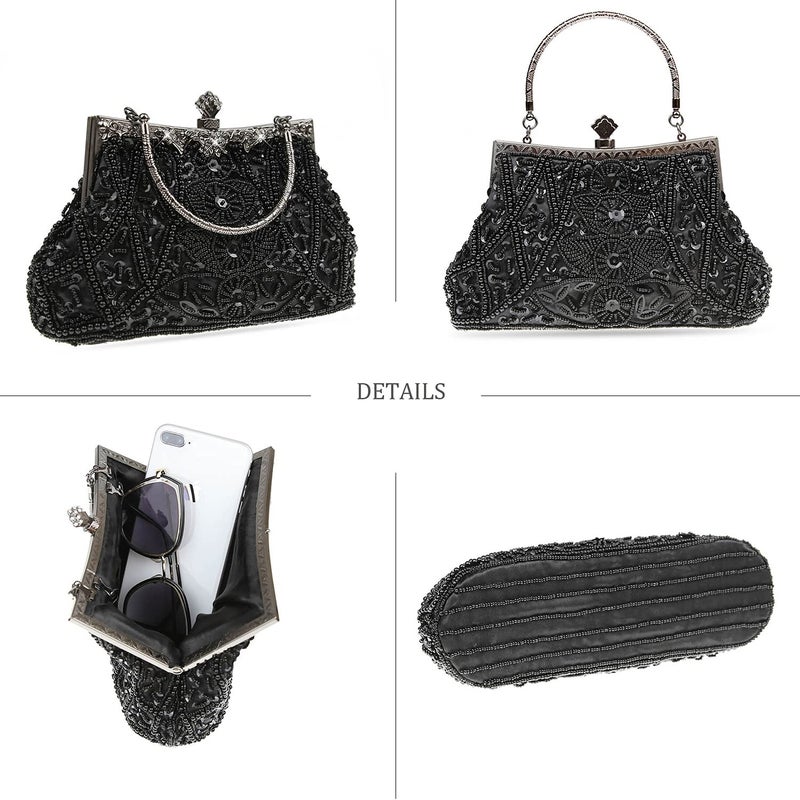 DA BODAN Women's Evening Bag Vintage Beaded Sequin Pearl Clutch Handbag Shoulder Bag Purses for Wedding Bridal Prom Party (Black) - Image 3